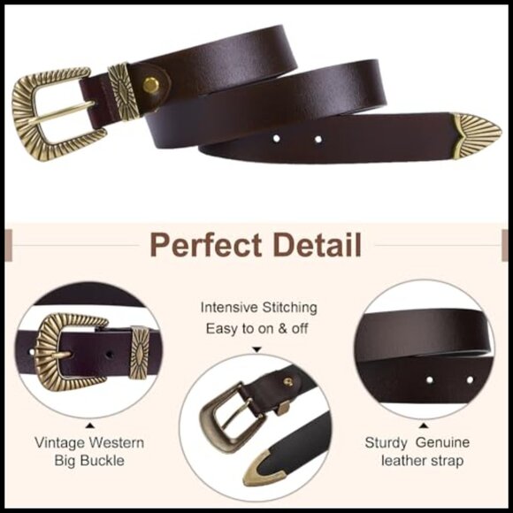 Leather Western Belt with Gold Silver Buckle for Women